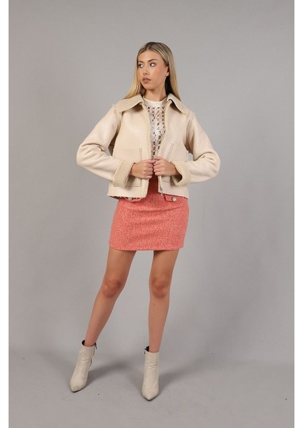 Lamine Deri Iç Kürklü Fermuarlı Mont - Açık Taş fırsatları