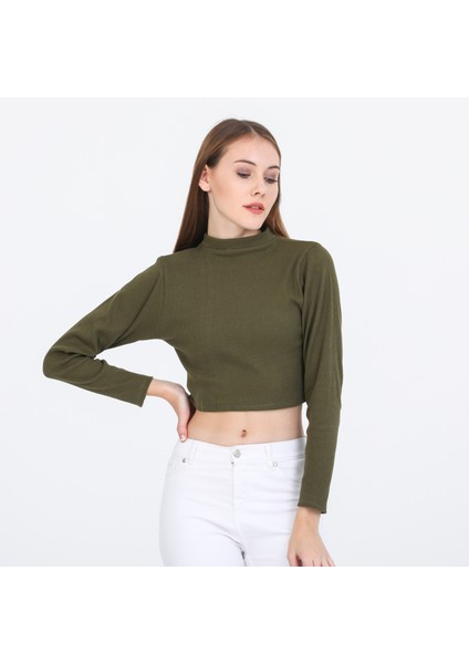Sud Haki Kaşkorseyarım Balıkçı Yaka Kadın Uzun Kol Crop Body modelleri
