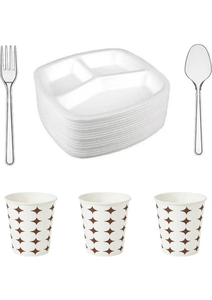 50 Kişilik 3 Gözlü Köpük Tabak Plastik Çatal Kaşık Karton Bardak Set