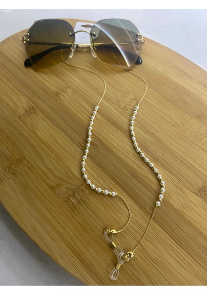 Altın Kaplama Beyaz Incili Taşlı Kadın Gözlük Zinciri Moda 55