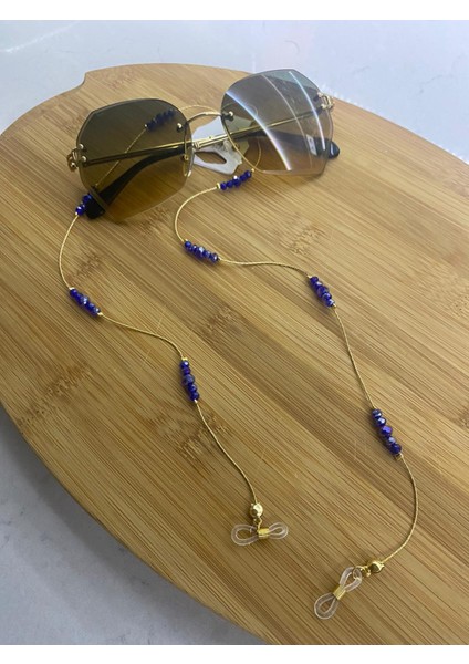 Altın Kaplama Lacivert- Mor Boncuklu Kadın Gözlük Zinciri Moda 55