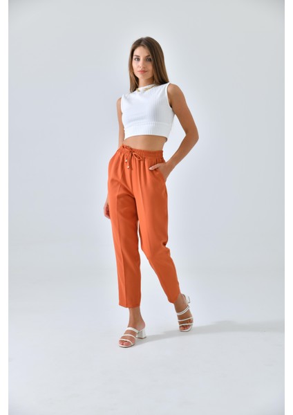 Kiremit Beli Lastikli Bağcıklı Fit Pantolon modelleri