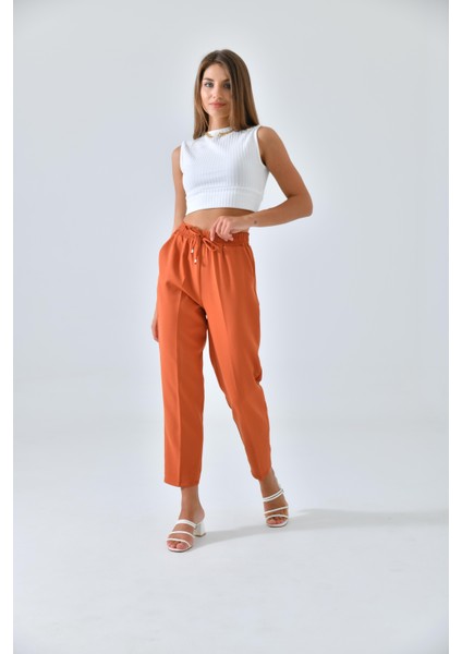 Kiremit Beli Lastikli Bağcıklı Fit Pantolon indirimleri