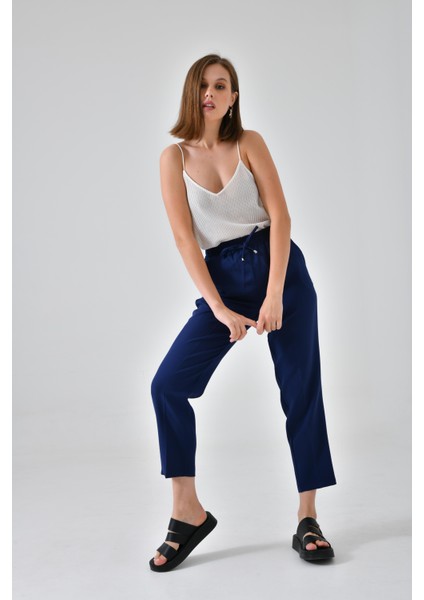 Lacivert Beli Lastikli Bağcıklı Fit Pantolon modelleri