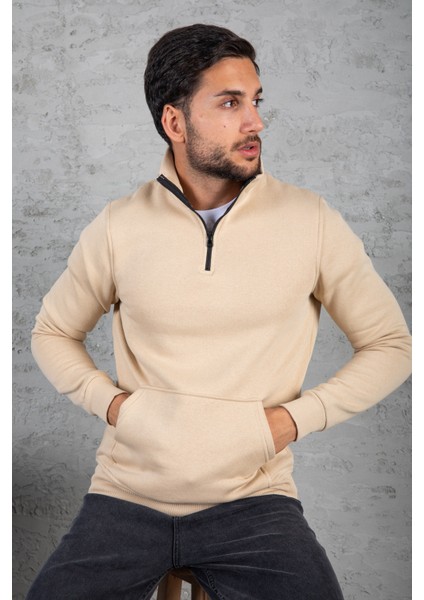 Four Man Erkek Beyaz Standart Fit Normal Kesim Içi Polarlı Bato Yaka Fermuarlı Pamuklu Sweatshirt