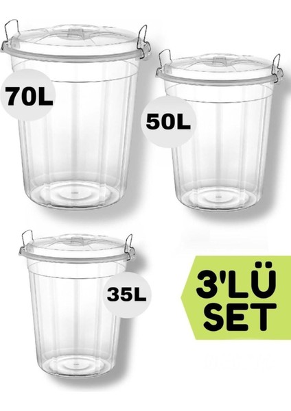 Şeffaf Kilitli Erzak /un/ Bakliyat Saklama Kovası 35 /50 /70 Lt Üçlü Set