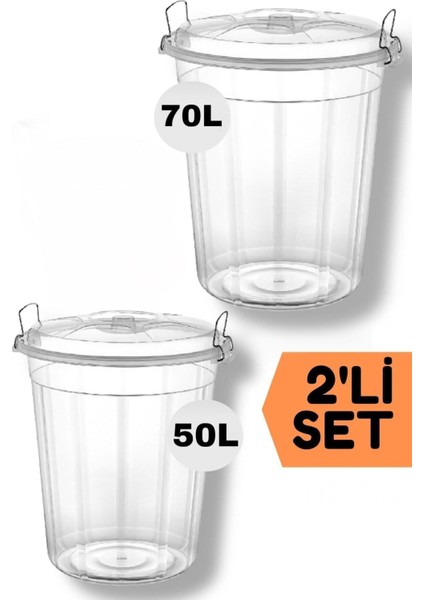 Şeffaf Kilitli Erzak /un/ Bakliyat Saklama Kovası 50/70 Lt Ikili Set