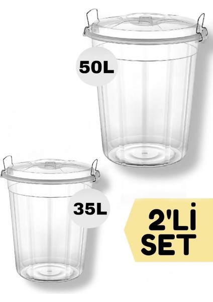 Şeffaf Kilitli Erzak /un/ Bakliyat Saklama Kovası 35 /50 Lt Ikili Set