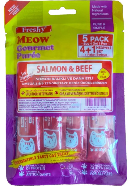 Meow Gourmet Krema Kedi Ödülü, Dana Etli ve Somonlu, Tahılsız, 5 Tüp Içeren 60 Gramlık Paket