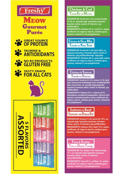 Meow Gourmet Krema Kedi Ödülü, Dana Etli ve Somonlu, Tahılsız, 5 Tüp Içeren 60 Gramlık Paket modelleri