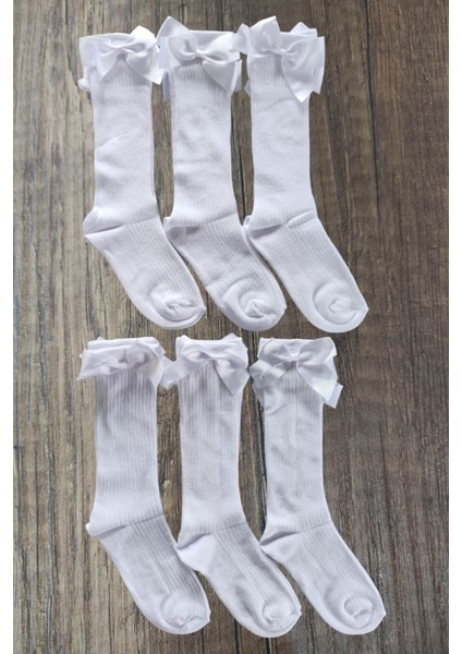 Kız Çocuk 6 Çift Aksesuarlı Fiyonklu Pamuklu Diz Altı Çorap
