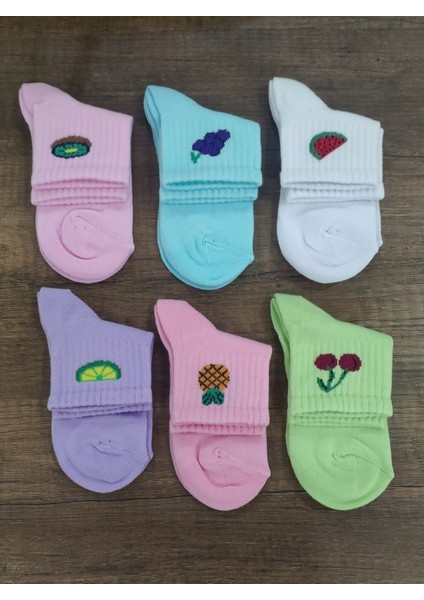 Leement Socks Kız Çocuk 6 Çift Pamuklu Renkli Meyve Desenli Yarım Konç Çorap