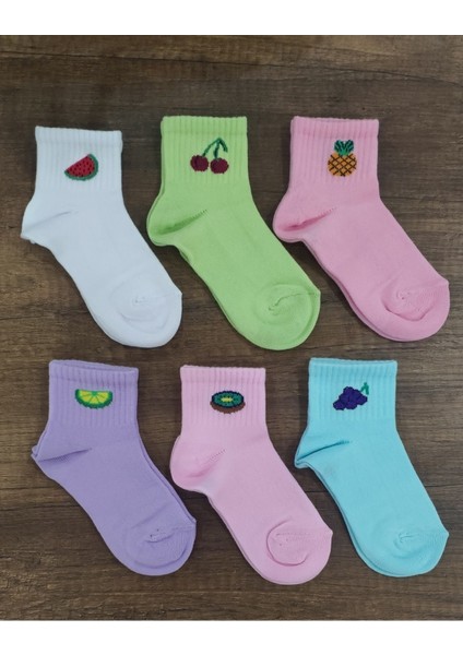 Leement Socks Kız Çocuk 6 Çift Pamuklu Renkli Meyve Desenli Yarım Konç Çorap