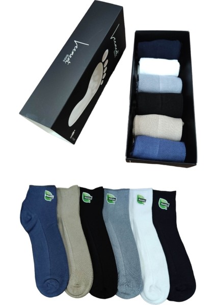 Erkek Bambu Dikişsiz 6 Çift Kısa Patik Çorap Üstü Lacoste Örgü