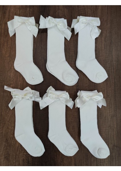 Kız Çocuk 6 Çift Aksesuarlı Fiyonklu Pamuklu Diz Altı Çorap