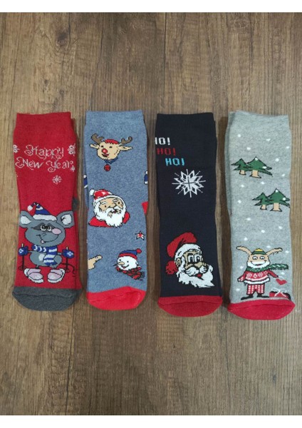 Leement Socks Çocuk Havlu Çorap 4 Çift Pamuklu Yılbaşı Desenli