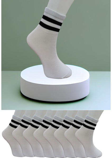 Dikişsiz 8 Çift Düz Şeritli Orta Konç Spor Çorap