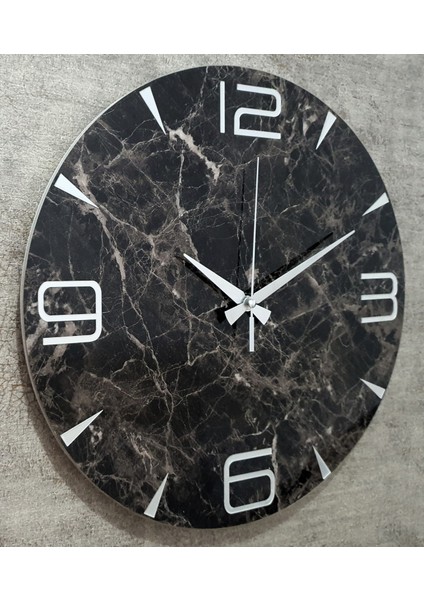 Siyah Mermer Desenli Yuvarlak Duvar Saati