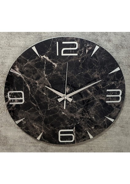 Siyah Mermer Desenli Yuvarlak Duvar Saati modelleri