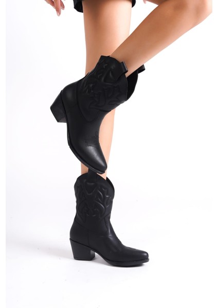 Kadın Siyah Vegan Deri Nakışlı Western Kısa Kovboy Çizme Boy fiyatları