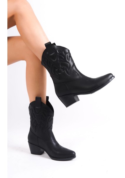 Kadın Siyah Vegan Deri Nakışlı Western Kısa Kovboy Çizme Boy modelleri
