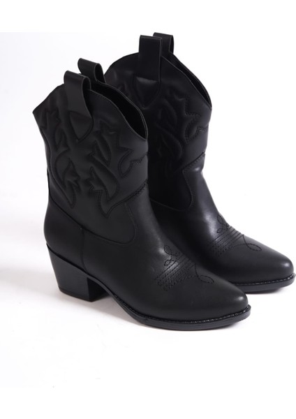 Kadın Siyah Vegan Deri Nakışlı Western Kısa Kovboy Çizme Boy fırsatları