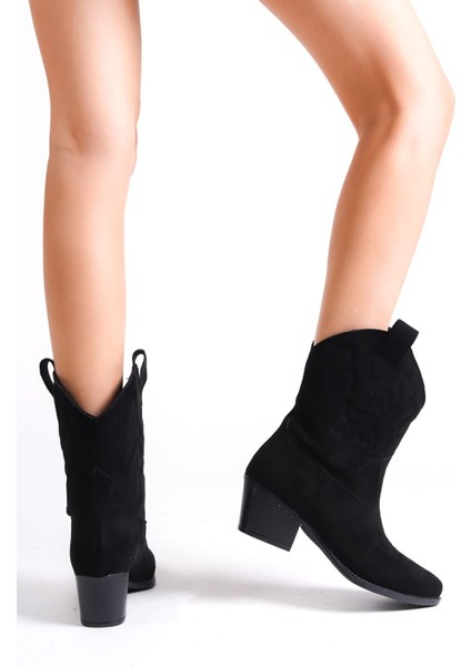 Kadın Siyah Süet Nakışlı Western Kısa Kovboy Çizme Bot