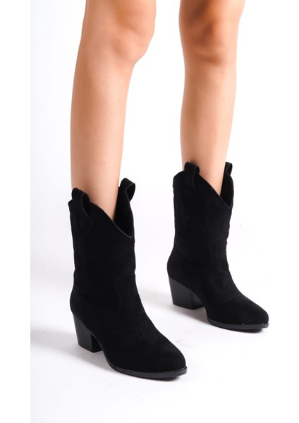 Kadın Siyah Süet Nakışlı Western Kısa Kovboy Çizme Bot fiyatları