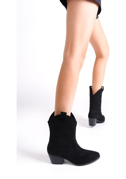 Kadın Siyah Süet Nakışlı Western Kısa Kovboy Çizme Bot modelleri