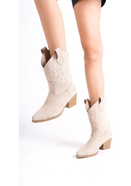 Kadın Ten Bej Süet Nakışlı Western Kısa Kovboy Çizme Bot fiyatları