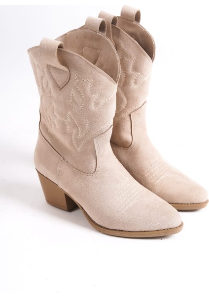 Kadın Ten Bej Süet Nakışlı Western Kısa Kovboy Çizme Bot fırsatları