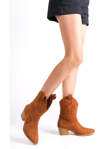Kadın Açık Kahve Taba Süet Nakışlı Western Kısa Kovboy Çizme Bot