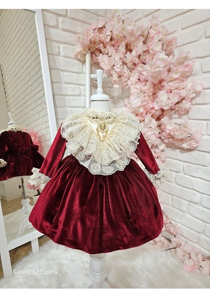 Bordo Kadife Kız Bebek Elbisesi