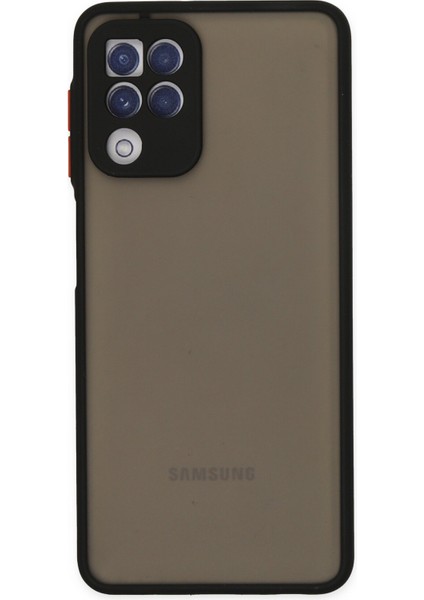 Caseart Samsung Galaxy A22 Kılıf Kamera Korumalı Silikon Kenarlı Renkli Düğmeli Arkası Mat Arka Kapak - Siyah