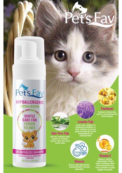 Pets Fav Hipoalerjenik Hassas Ciltler Için Doğal ve Organik Kuru Köpük Yavru Kedi Şampuanı