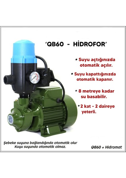 Paket Hidrofor Otomatik Su Pompası QB60 0.5 Hp(2 Kat 4 Daire)