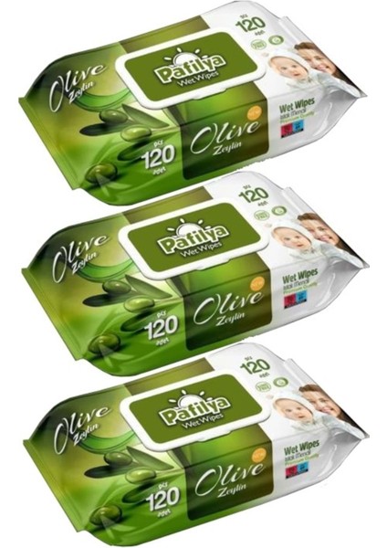 Islak Havlu Mendil 120 Yaprak Zeytin Plastik Kapaklı 3 Lü Set 360 Yaprak