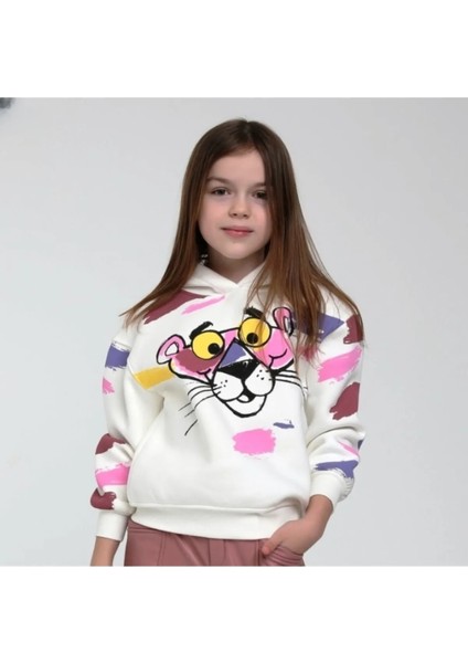 Kız Çocuk Sweat Shirt Kapüşonlu Pembe Panter Baskılı Kırık Beyaz 8 Yaş
