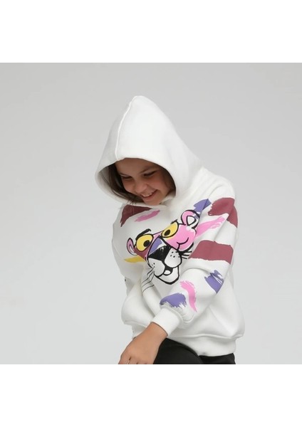 Kız Çocuk Sweat Shirt Kapüşonlu Pembe Panter Baskılı Kırık Beyaz 8 Yaş fiyatları