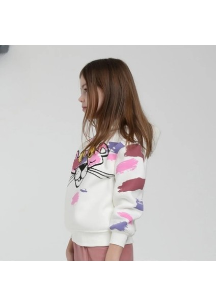 Kız Çocuk Sweat Shirt Kapüşonlu Pembe Panter Baskılı Kırık Beyaz 8 Yaş modelleri
