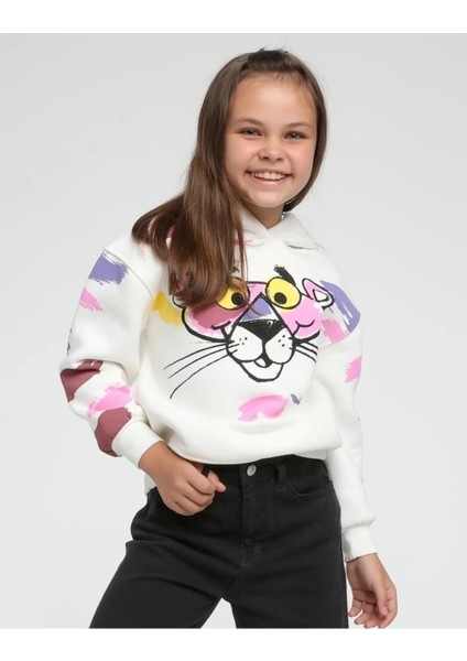 Kız Çocuk Sweat Shirt Kapüşonlu Pembe Panter Baskılı Kırık Beyaz 8 Yaş fırsatları