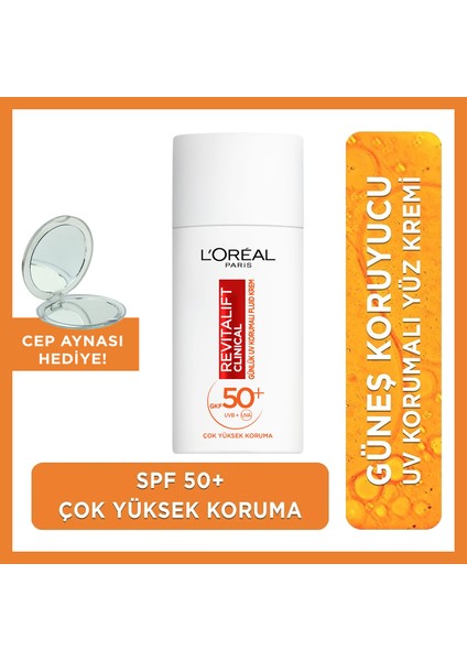 L'oréal Paris Revitalift Clinical Spf 50+ Günlük Yüksek Uv Korumalı Yüz Güneş Kremi 50ML Cep Aynası Hediyeli