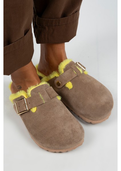 Zeta Kürklü Kadın Hakiki Deri Kemerli Tokalı Renkli Kürklü Vizon Sarı Terlik fiyatları