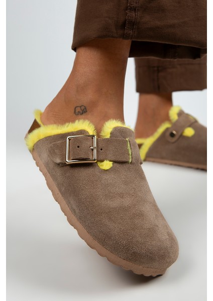 Zeta Kürklü Kadın Hakiki Deri Kemerli Tokalı Renkli Kürklü Vizon Sarı Terlik fırsatları