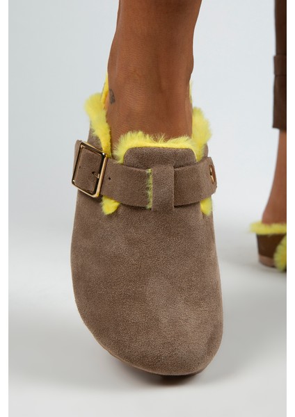 Zeta Kürklü Kadın Hakiki Deri Kemerli Tokalı Renkli Kürklü Vizon Sarı Terlik indirimleri