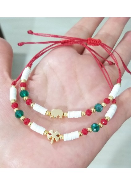 Iki Adet Kristal ve Fimo Boncuklu Yonca Fil Yılbaşı Bileklik
