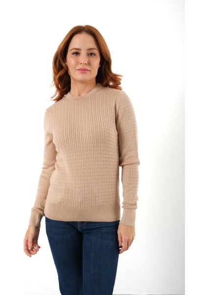 Kadın Bej %100 Organik Pamuk Bisiklet Yaka Saç Örgülü Triko Kazak Örme Bluz TRIST-6154