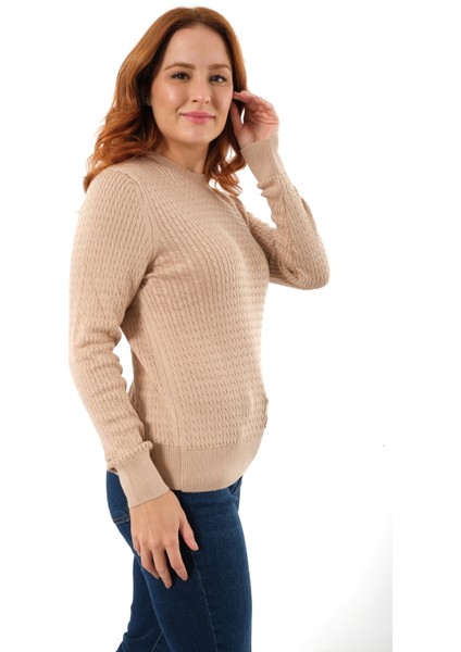 Kadın Bej %100 Organik Pamuk Bisiklet Yaka Saç Örgülü Triko Kazak Örme Bluz TRIST-6154 fiyatları