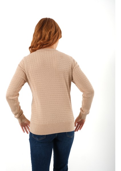 Kadın Bej %100 Organik Pamuk Bisiklet Yaka Saç Örgülü Triko Kazak Örme Bluz TRIST-6154 modelleri