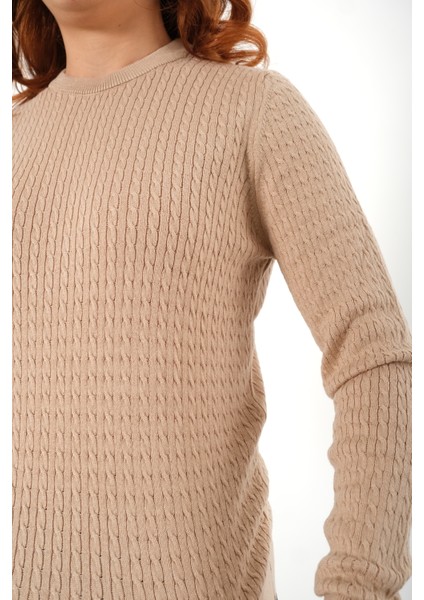 Kadın Bej %100 Organik Pamuk Bisiklet Yaka Saç Örgülü Triko Kazak Örme Bluz TRIST-6154 indirimleri